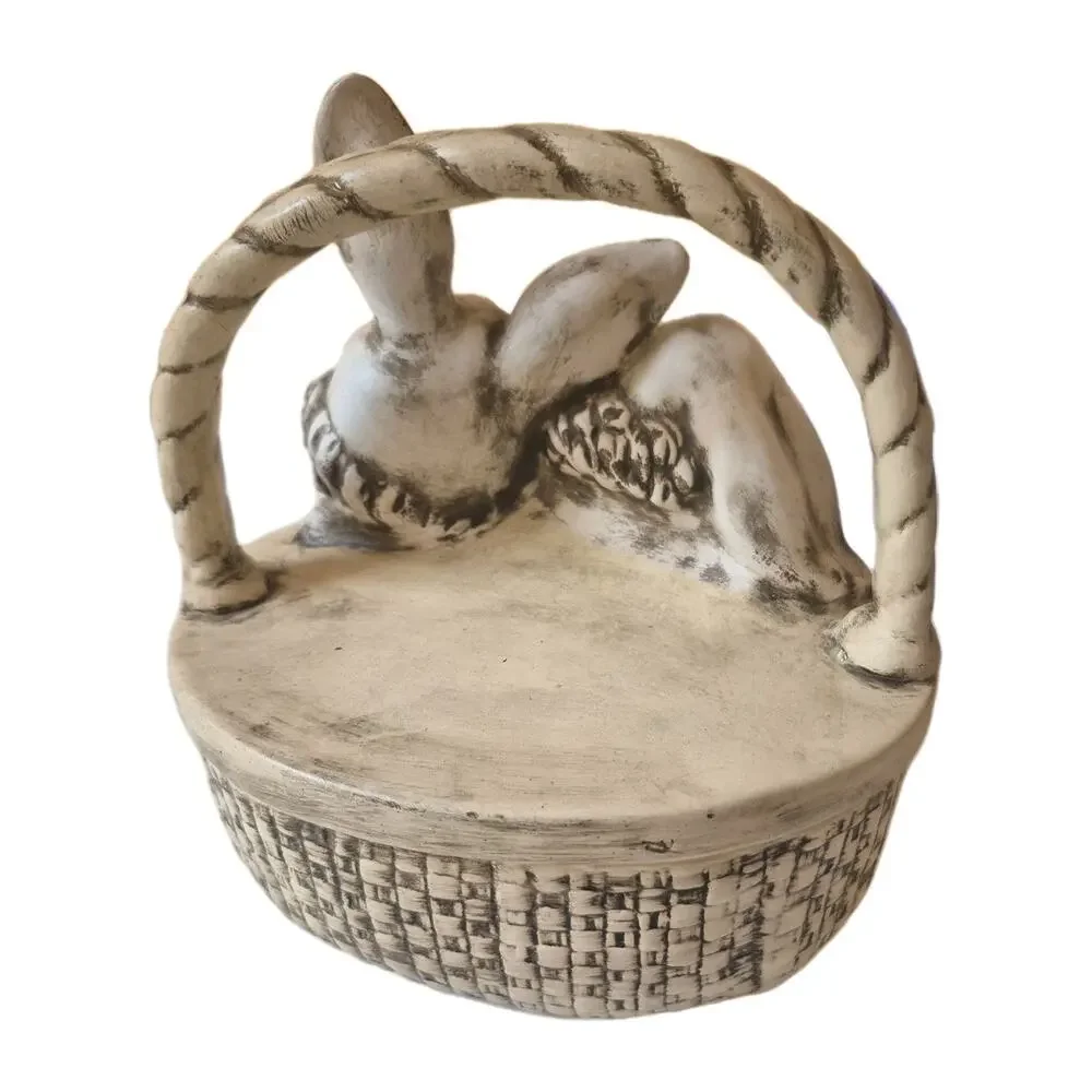 Vintage 1950s Bunnies in Basket Ceramic Trinket Box Cream Brown 7x7x5.5
